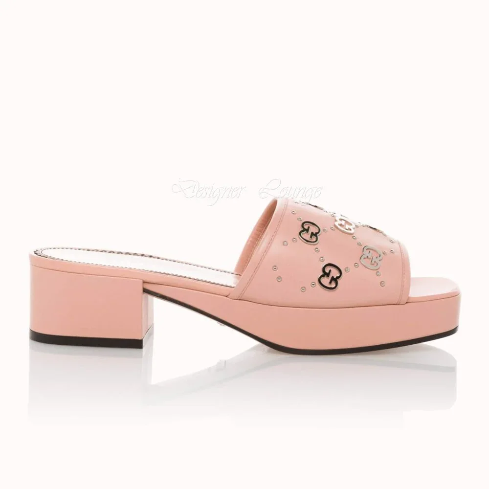 NEW GUCCI Janaya Interlocking GG Studs Rose Leather Sandals Slides EU 41 US 11